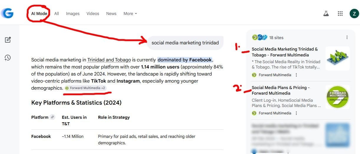 FM-AI search result example Forward Multimedia's AI Search Result for 'social media marketing trinidad' on Google